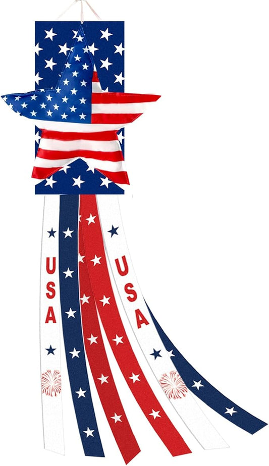 40 Inches USA Star Windsock Decoration, Patriotic Themed Hanging Wind Sock Ornament with Red, White, Blue Streamers, 'USA' Lettering, and Stars for 4th of July, Memorial Day, Veterans Day Decor