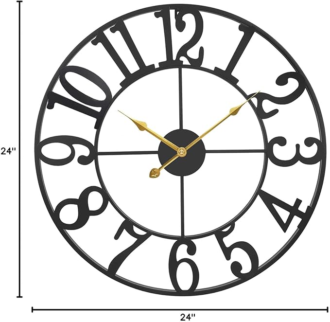 Large Outdoor Wall Clock 24 Inch - Black Metal Decorative Clock with Big Arabic Numbers - Silent Non-Ticking Quartz Clock for Patio, Garden, Porch, Backyard & Indoor Home Decor