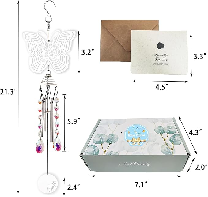 Hourwof Memorial Wind Chimes for Outside,Decorative Wind Chime with Wind Spinner for Garden Patio Yard,Crystal Suncatcher Windchime,Housewarming Gift,Butterfly