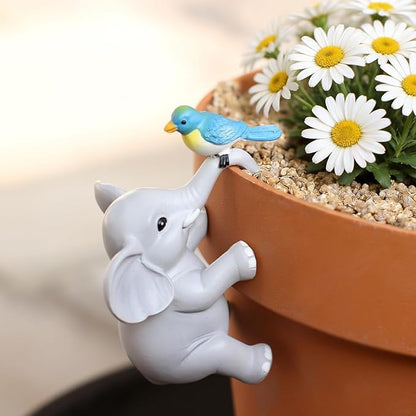 Cute Climbing Elephant with Bird Flower Pot Hugger Figurines Resin Hanging Elephant Statue Planter Pot Decorations for Home Garden Fence Balcony Patio Lawn Yard Ornaments
