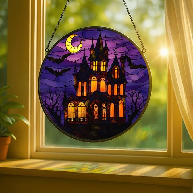Stained Glass Window Hanging - 11.8in Haunted House with Moon and Bats Halloween Decor Sun Catchers Indoor Stained Glass Panels Wall Decor for Mom，Wife，Lovers，Festive