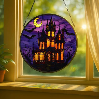 Stained Glass Window Hanging - 6.3in Haunted House with Moon and Bats Halloween Decor Sun Catchers Indoor Stained Glass Panels Wall Decor for Mom，Wife，Lovers，Festive