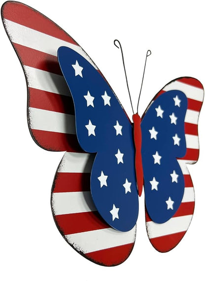 Rustic Metal Americana Butterfly Patriotic Wall Decor American Flag Hanging Ornaments 4th July Garden Yard Signs Independence Day Indoor Outdoor Wall Decoration