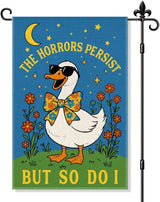 The Horrors Persist But So Do I Garden Flag Double Sided Yard Outdoor Decoration 12x18 Inch, Mental Health Yard Decoration Garden Flag, Dark Humor Sarcastic Rustic Spring Porch Home Decor