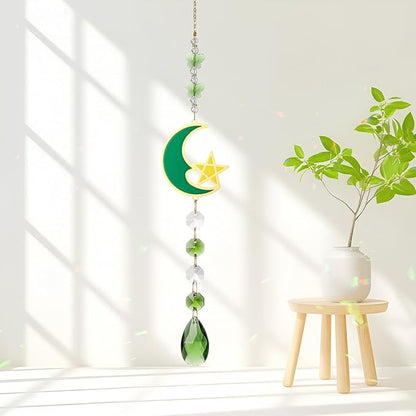 Green Suncatcher, 15.5 Inch Crystal Sun Catcher Windows Hanging, Green Ornament Gift for Spring Home Decor Rainbow Sparkly Pendant