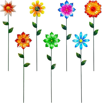 Garden Decor for Outside, 7 Pack Flower Garden Stakes Spring Outdoor Decor Metal Flower Stakes for Yard Porch Lawn Pathway Pot Decorations