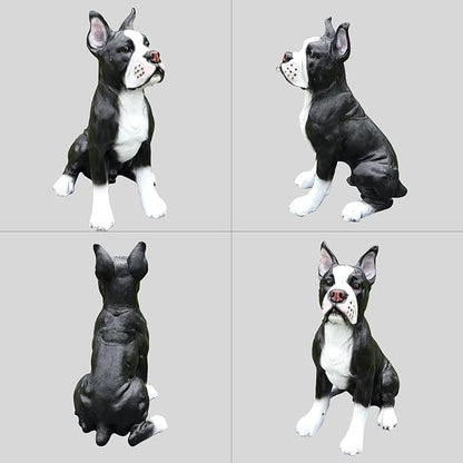 Adorable Boston Terrier Dog Sculpture with Solar Lantern & Double-Sided 'On Patrol' and 'Welcome' Signposts – Playful Outdoor Resin Statue for Garden, Yard, Patio