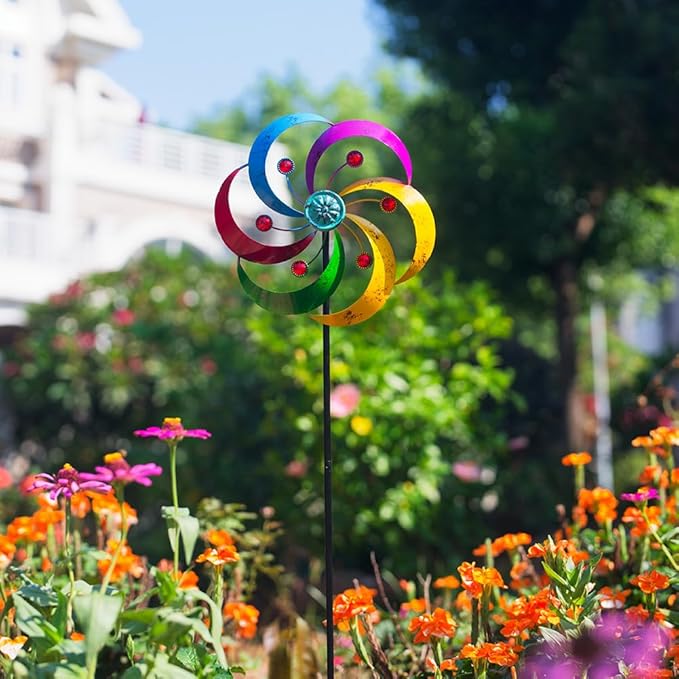 DREAMYSOUL Wind Spinners Outdoor, 10" Dia Metal Pinwheels for Yard and Garden, Kinetic Wind Sculptures & Spinner Outside (Colorful with Ruby)