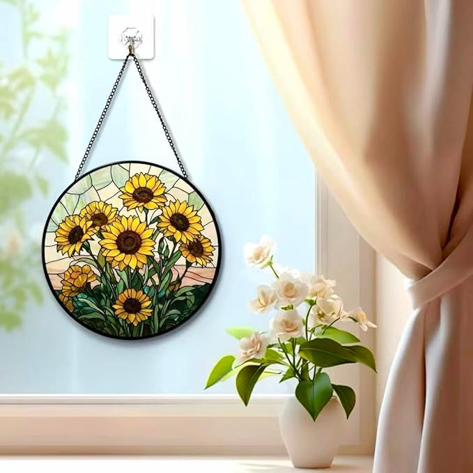 Stained Glass Window Hanging - Sunflowers Pattern 7.8 Inches Suncatcher for Garden Home Decor for Women Mon Grandma Friends