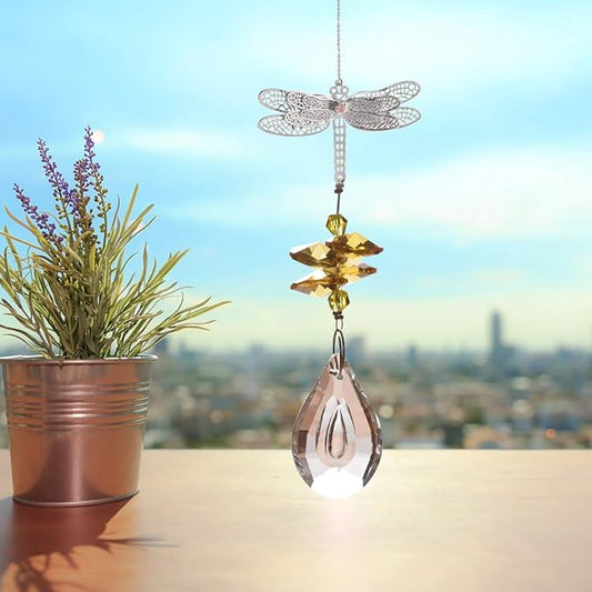 WEISIPU Crystal Suncatcher Prism - Dragonfly Suncatchers for Windows Hanging Rainbow Maker, Christmas Tree Decor, K9 Crystal Metal Ornament, Gifts for Christmas and Housewarming (Yellow)
