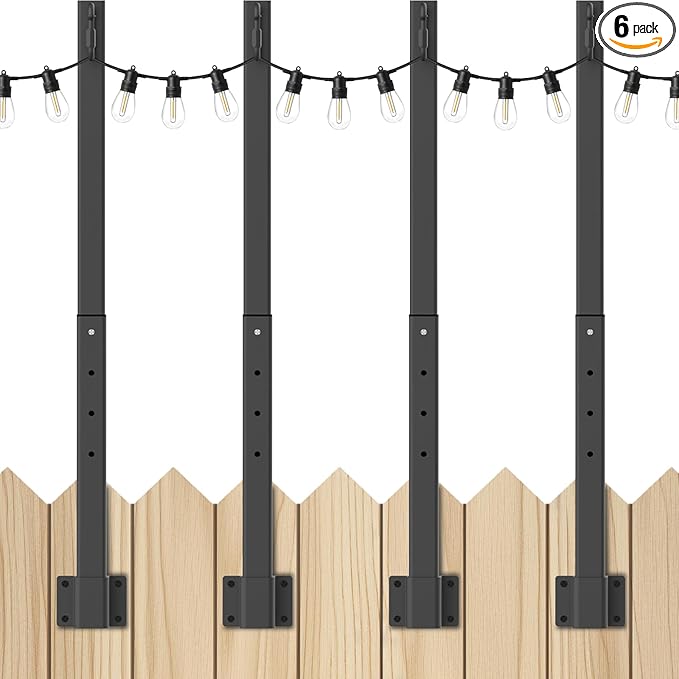 AHRLHR 4 Pack 2.8Ft String Light Poles 4 Pack,Light Poles for Outside Lights,Outdoor with Fence Brackets Hanging Lights,Metal Stand Deck Patio Backyard