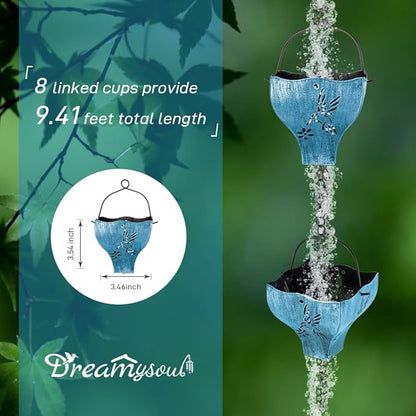 dreamysoul Rain Chains for Outside, 9.41FT with 8 Hollow Hummingbird Pattern Cups Rain Catcher Chains, Outdoor Rain Gutter Chains for Downspout, Eaves Drainage