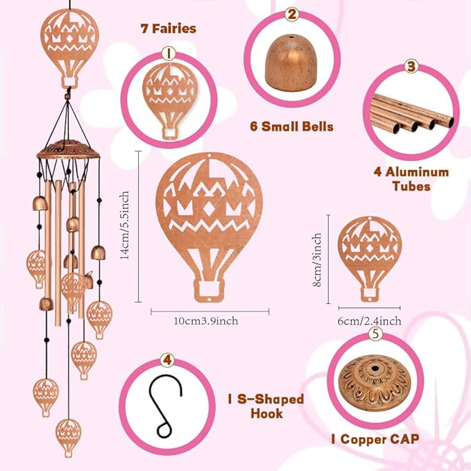 Wind Chimes for Outside, Melodious Melodic Tones Hot Air Balloon Style Windchimes Suitable for Outdoor Garden Patio Porch Decor, 33“ Metal Memorial Wind Chimes Friendship Gifts for Women