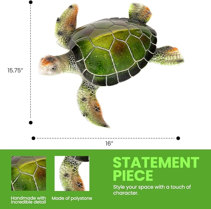 Resin Sea Turtle Decorative Statue - 16x15 Inch Tropical Wall and Garden Art -Ocean-Themed Décor for Home - Beach House - Coastal - Marine Enthusiasts (Green)