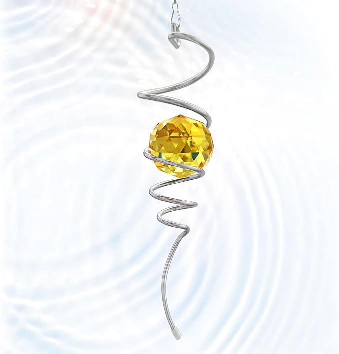 Gazing Ball Spiral Wind Spinner Tail - Golden Crystal Glass Ball | Wind Spinners Stabilizer with S Hook | Hanging Rotating Art for Garden Patio Indoor/Outdoor Creative Ornament & Gift, 13in