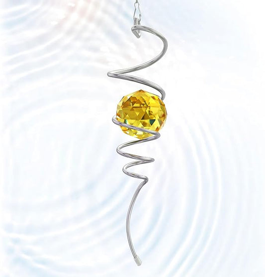 Gazing Ball Spiral Wind Spinner Tail - Golden Crystal Glass Ball | Wind Spinners Stabilizer with S Hook | Hanging Rotating Art for Garden Patio Indoor/Outdoor Creative Ornament & Gift, 13in