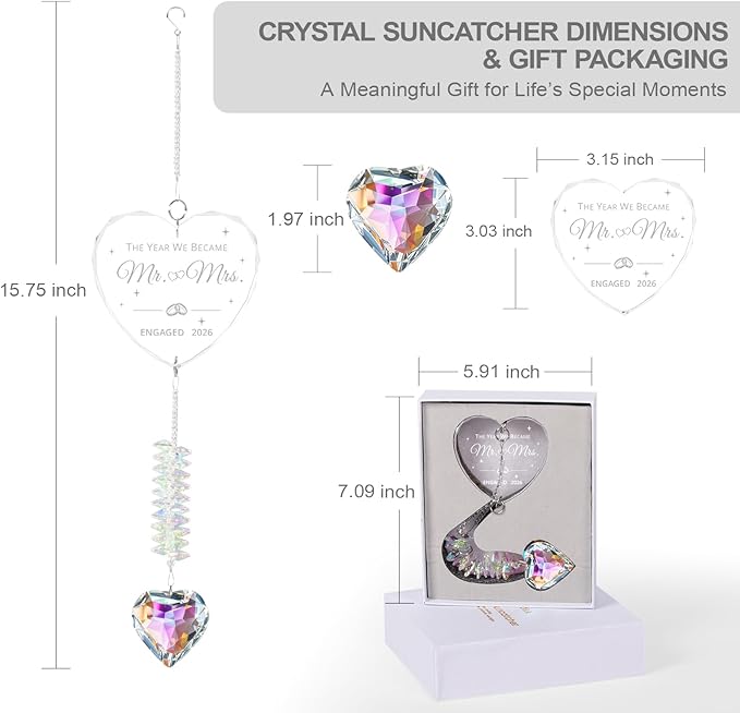 Engagement Gifts for Couples 2026, Wedding Gifts,Mr & Mrs，Crystal Suncatcher for Newly Engaged, Hanging Crystal Gift Ornament, Congratulations Decorations for Friends Just Engaged