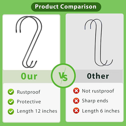 6 Pack 12 Inch Extra Large S Hooks for Hanging Plants, Rust-Proof Heavy Duty Tree Branch Hooks Plant Hooks Outdoor for Hanging Bird Feeder,Patio,Indoor Uses
