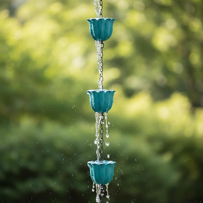 8ft Rain Chains for Gutters, Lotus Rain Chain with 10-Cup, Adjustable Rain Catcher Chain with Bell, Replacement Downspout for Gutters, Eaves, Drainage