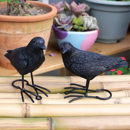 Set of 2 Garden Crow Statues Outdoor Decor for Tree, Resin Bird Figurines Tree Hugger Sculpture Fake Black Raven Decoy Halloween Decoration for Patio Yard, Deck, Fence Ornaments