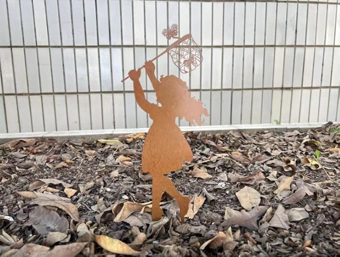 Butterfly Girl Silhouette Sculpture,Shadow Art Garden Figurines, Metal Garden Fence Stake for Lawn Outdoor Patio Home Decor (E)
