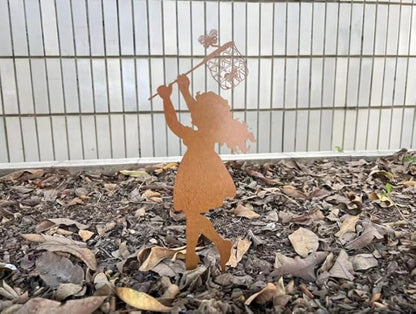 Butterfly Girl Silhouette Sculpture,Shadow Art Garden Figurines, Metal Garden Fence Stake for Lawn Outdoor Patio Home Decor (E)