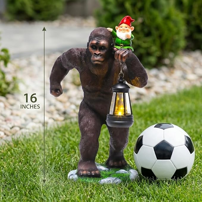 16 Inch Solar Bigfoot Garden Statue with Gnome & Lantern, Large Resin Sasquatch Yard Outdoor Decor, Funny Bigfoot Gifts for Husband, Dad & Grandpa (Large)