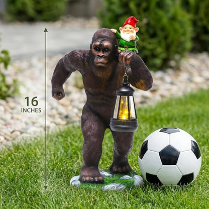 16 Inch Solar Bigfoot Garden Statue with Gnome & Lantern, Large Resin Sasquatch Yard Outdoor Decor, Funny Bigfoot Gifts for Husband, Dad & Grandpa (Large)