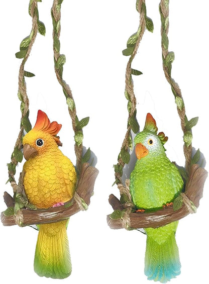 Garden Decor Resin Parrot，Hanging Yard Decor ，Parrot On A Swing Gardening Trinket，Outdoor Tree Ornaments Resin Bird for Patio, Lawn, Gardens, Balconies, Indoor and Outdoor Spaces (Mix)