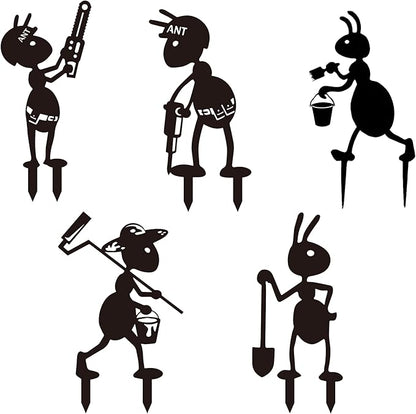 CUweipeng Metal Garden Stakes Decorative - 5 Pcs Funny Working Farm Ant Garden Decor Black Metal Humor Art Yard Stake Animal Outdoor Decoration for Pathway Lawn Garden Backyard Birthday Gift Party #A
