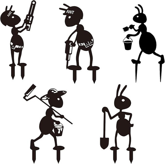 CUweipeng Metal Garden Stakes Decorative - 5 Pcs Funny Working Farm Ant Garden Decor Black Metal Humor Art Yard Stake Animal Outdoor Decoration for Pathway Lawn Garden Backyard Birthday Gift Party #A
