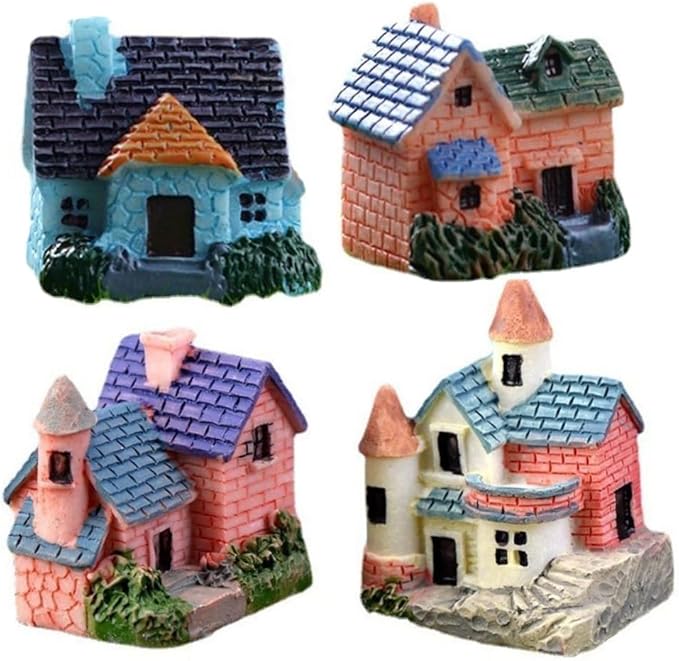 Leadigol 4pcs Miniature Fairy Garden House,Miniature Garden Landscape Desk Ornaments Yard Bonsai Resin Landscape Mini Fairy Houses DIY Villa Decor