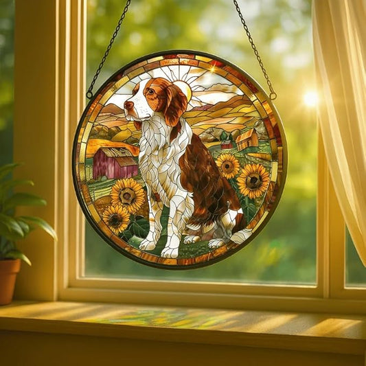 Stained Glass Window Hanging - Farm Dog & Sunflower Field 7.8in Sun Catchers Indoor Stained Glass Panels Wall Decor for Mom, Wife, Lovers, Festive