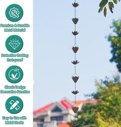 Lotus Rain Chains for Gutters, Rain Chains with 8 Cups, Adjustable Rain Catcher Chain for Outside, Replacement Downspout for Gutters, Eaves, Drainage