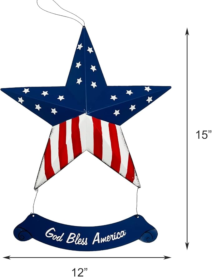 Rustic Metal 3D Barn Americana Stars, Patriotic USA Flag Wall Star with God Bless America Sign, July 4th Country Decor for Indoor & Outdoor Wall Decoration