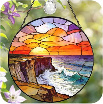 Stained Glass Window Hanging Sun Catcher, 7.8 Inch Ocean Wave Sunrise Suncatcher for Windows Home Decor, Sun Catchers Indoor Window Decoration, Birthday Gifts for Women and Mom