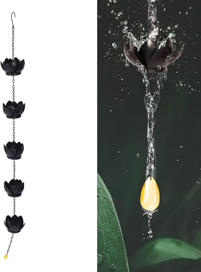 Pssopp Rain Catcher Garden Ornament, Metal Handmade Hanging Lotus Rain Chain for Gardens Porches Gazebos Decks