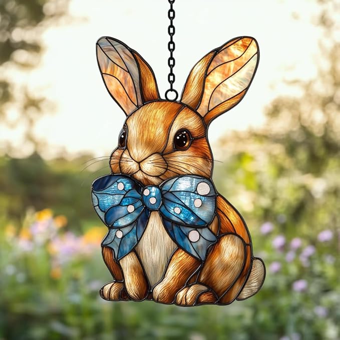 Warm Mosaic Bunny Art Acrylic Suncatcher Stained Glass Effect Window Car Hanging Christmas Ornament Indoor Outdoor Decor Garden Sun Catcher Panel for Easter Lover for Women Mom Grandma
