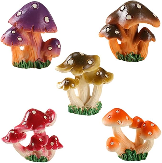 DIYOMR 5pcs Mushrooms Figurines, Creative Resin Mushroom Series Fairy Garden Accessories Craft Indoor Outdoor Decor