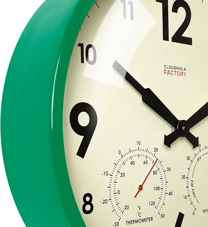 Cloudnola Indoor Outdoor Waterproof Metal Wall Clock with Thermometer and Hygrometer, Green, 12 inch Silent Non-Ticking Battery Operated Quality Quartz Round Clock for Patio and Home Decor