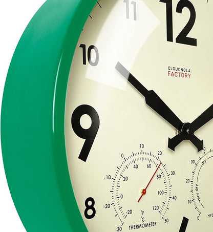 Cloudnola Indoor Outdoor Waterproof Metal Wall Clock with Thermometer and Hygrometer, Green, 12 inch Silent Non-Ticking Battery Operated Quality Quartz Round Clock for Patio and Home Decor