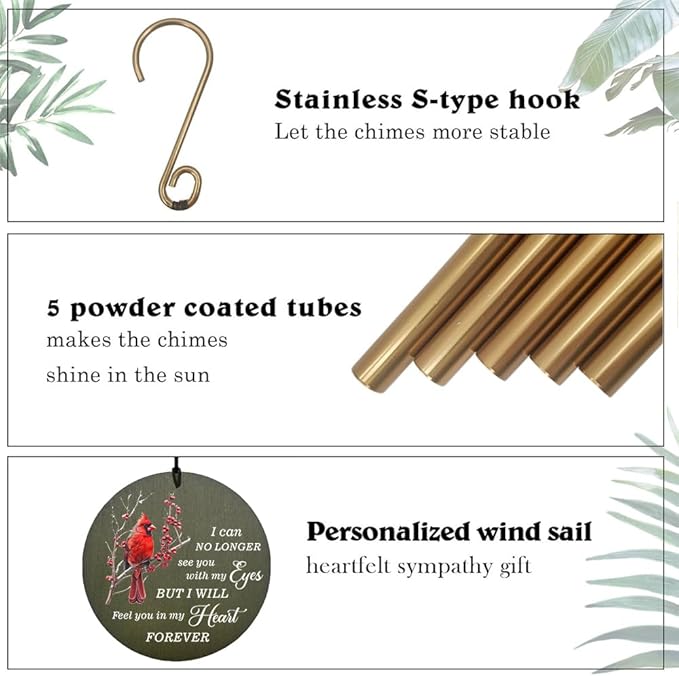 Personalized Cardinal Wind Chimes, 36inch Memorial Wind Chimes, in Loving Memory of Dad/Mom, Sympathy Mourn Gifts, Custom Funeral Wind Chime for Loss of Loved Ones (Produced in USA)