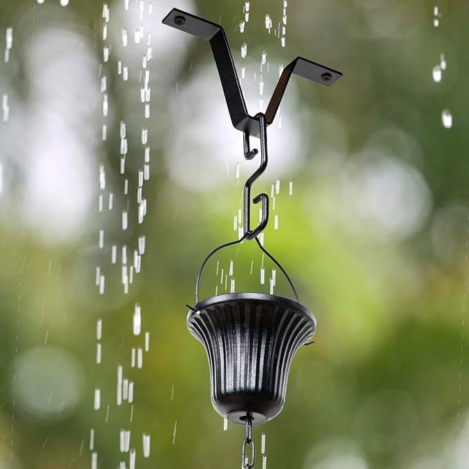 MyGift 10 ft Decorative Rain Chains with 15 Ribbed Bell Cups and V-Hook, Black Metal Rainwater Downspout Replacement for Outside House Gutter Drain Spout