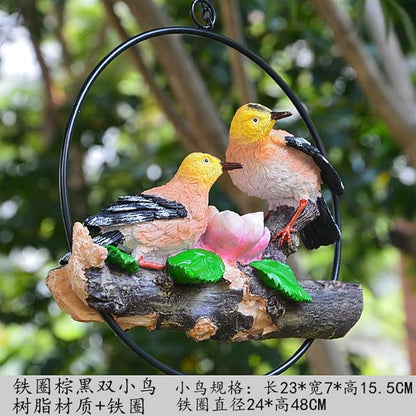 Mini Garden Statues Hanging Iron Ring Parrots, Resin Parrot Hanging Statue, Hanging Birds Figurine for Pathways Yard Patio Office Home Indoor Outdoor Tree Decorations (E)