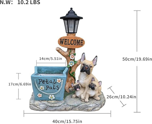 Solar Garden Statue with Planter & Solar Lantern, Outdoor Resin Animal Sculpture, Waterproof Yard Lawn Decor Pot for Succulents, Front Porch Ornament Housewarming Gift (French Bulldog)