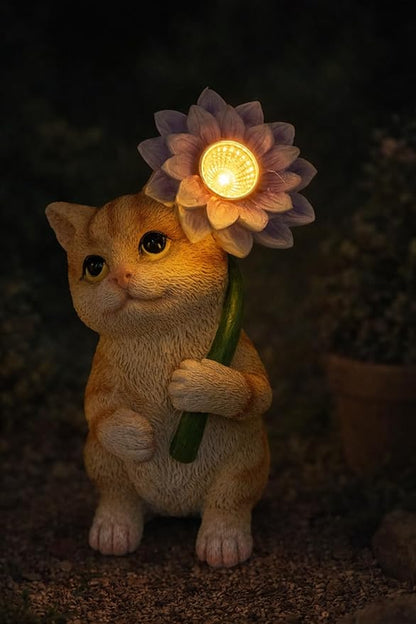 GoGnome Solar Cat Garden Statue with LED Flower for Mom Woman – 6.5‘’ Hand-Painted Resin Outdoor Kitten Figurine, Automatic Night Light, Yard Patio Lawn Decor (Kitten)