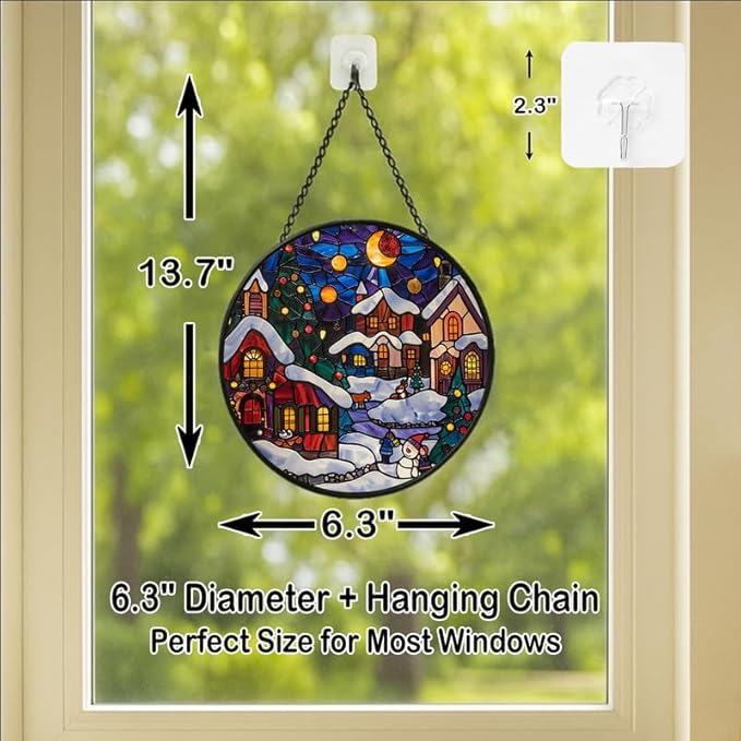 Stained Glass Window Hanging - Christmas Snowy Village at Night Sun Catchers Panel for Indoor Decorative Display for Mom, Wife, Lovers, Festive