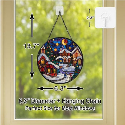 Stained Glass Window Hanging - Christmas Snowy Village at Night Sun Catchers Panel for Indoor Decorative Display for Mom, Wife, Lovers, Festive