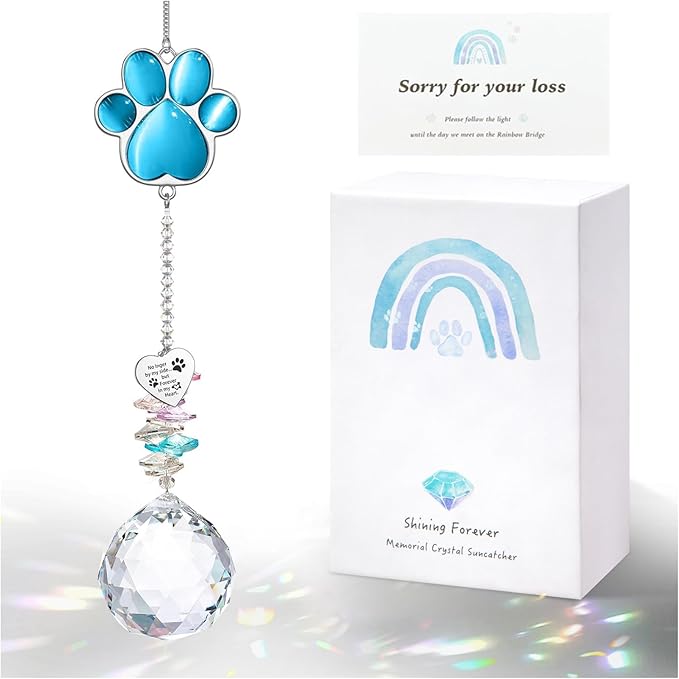 Dog Memorial Gifts for Loss of Dog, Pet Memorial Gifts for Dogs, Thoughtful Bereavement Remembrance Crystal Suncatcher with Sympathy Card (Lake Blue)
