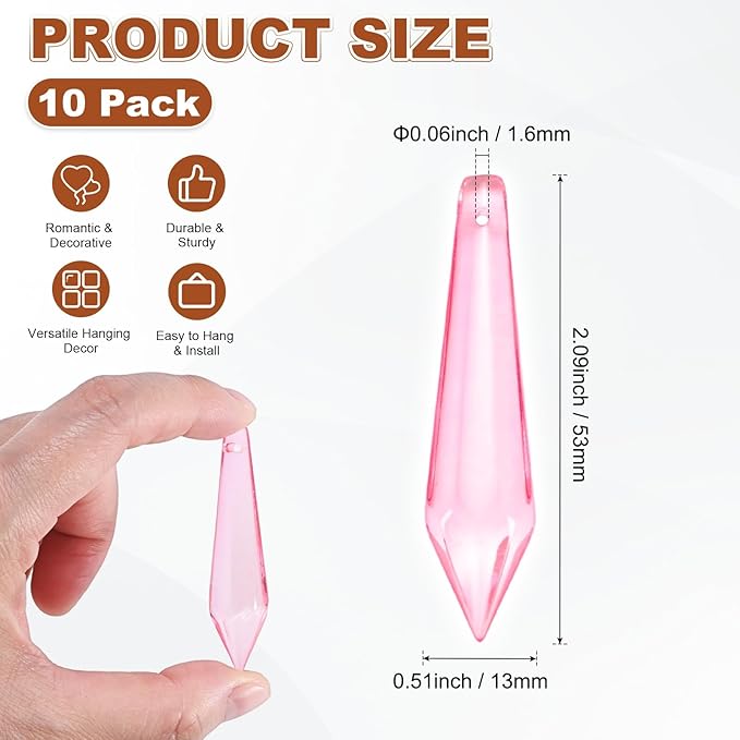 M METERXITY 10-Pack Crystal Icicle Prisms, 53mm/2.09 Inch Chandelier Pendant Maker Hanging Crystals Chandelier Prisms for Home/Windows/Garden/DIY Decoration[Pink]
